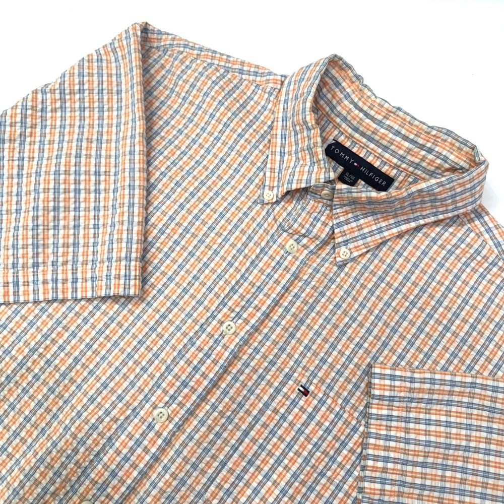 Tommy Hilfiger Mens XL Waffle Plaid Button Down Shirt Orange Blue Check Casual